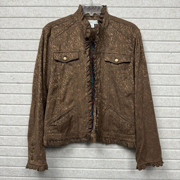 Jackets & Blazers - Coldwater Creek Women’s S Brown Brocade Jacket Ruffle Trim Color-Lining Luxury